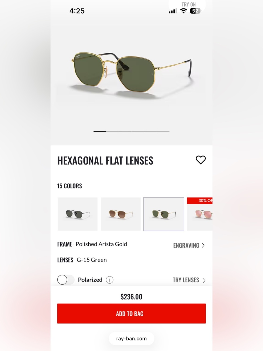 Ray-Ban Hexagonal Sunglasses Gold Frame Green Lenses - Comes with Case